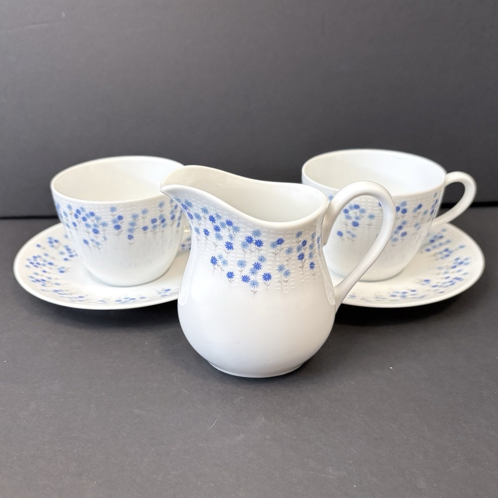 2 Sets Sheffield Rhapsody #503 Blue Floral Cups & Saucers & Creamer MCM Japan